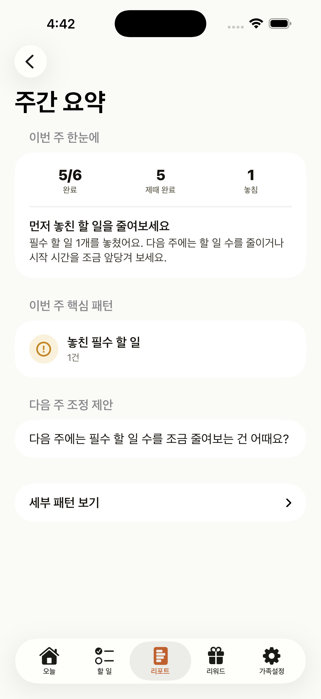 완료 수, 제때 완료, 놓친 할 일과 다음 주 제안이 보이는 하비토 부모 주간 요약 화면