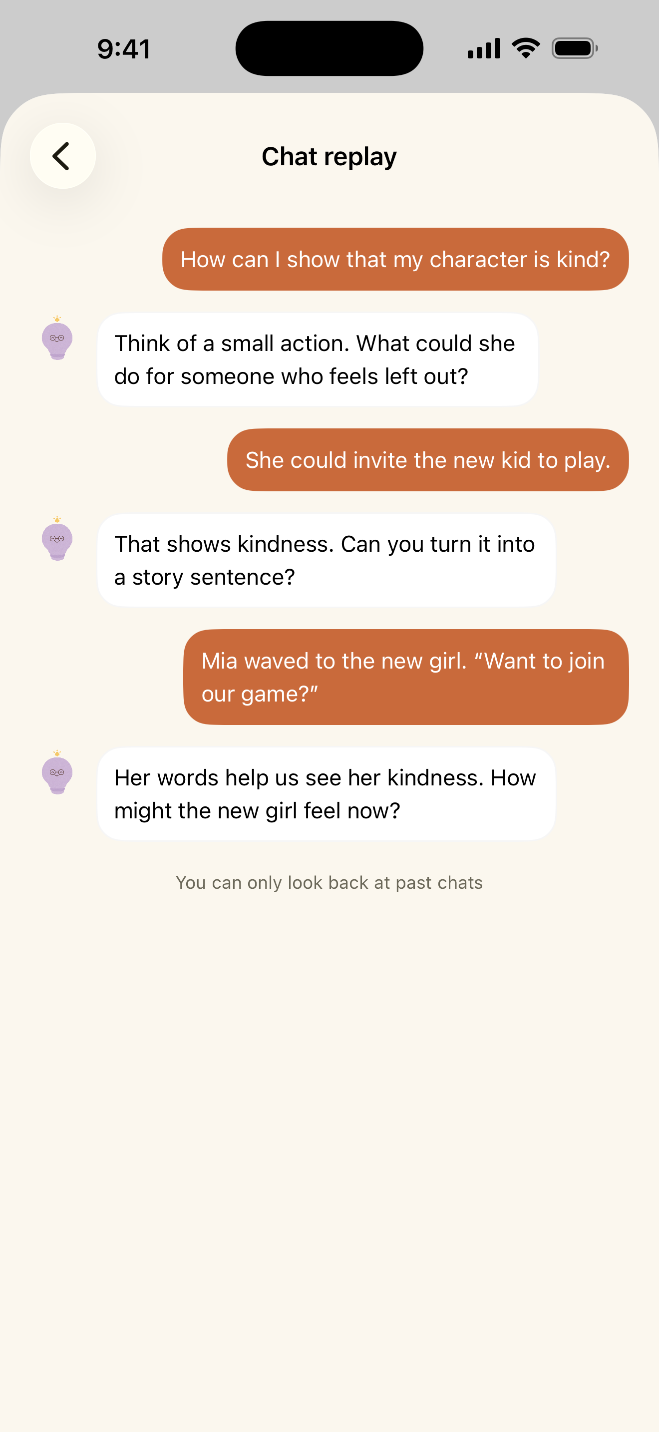 Habito AI sample conversation: a child writes about a kind character with questions and hints