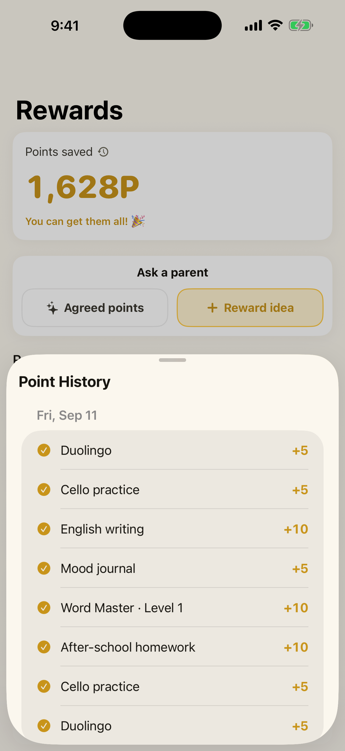 Habito in English: a child’s point history showing points earned for completed tasks