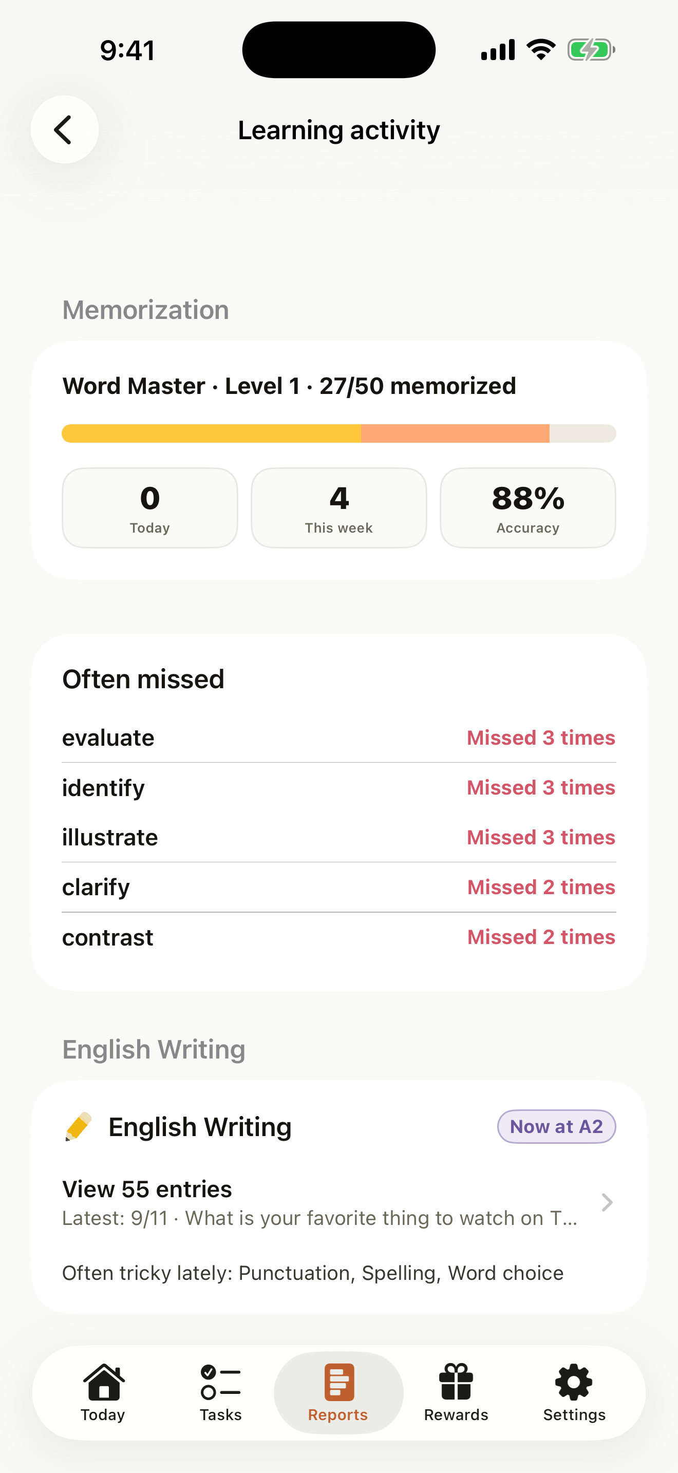 Habito in English: a parent’s weekly learning activity report