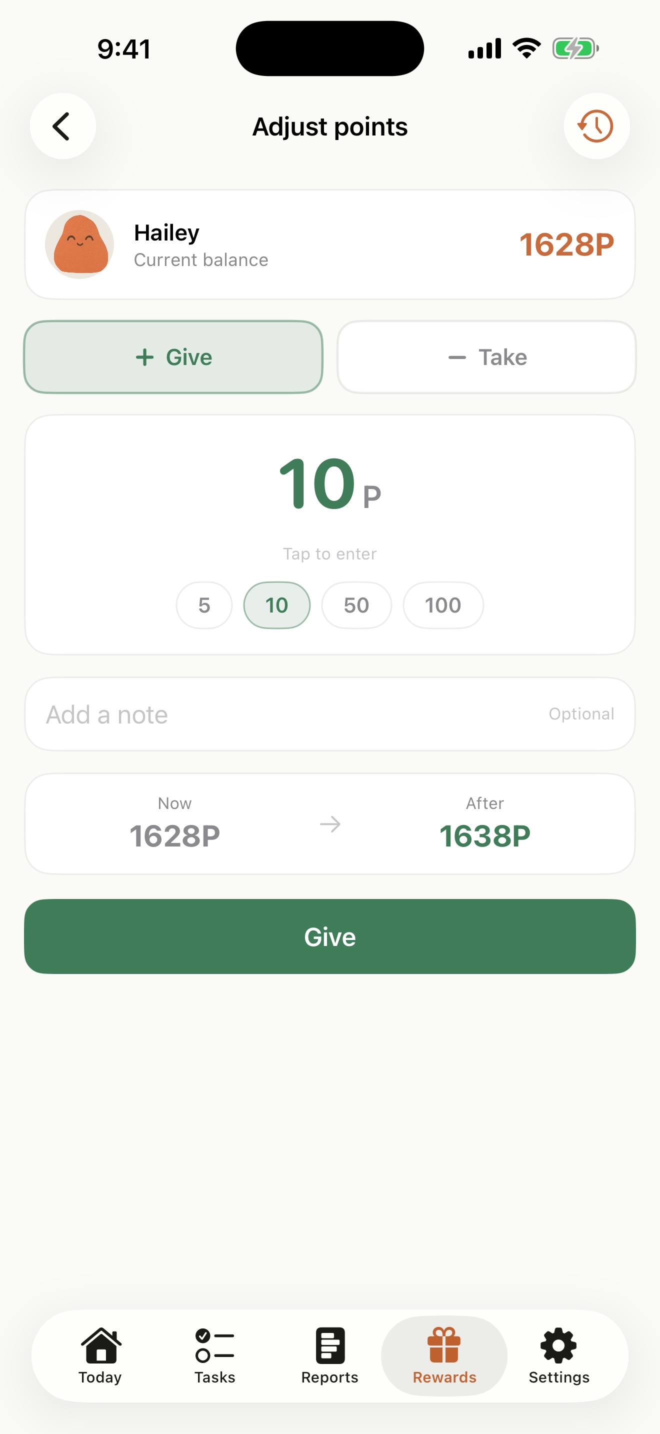 Habito in English: Hailey’s point balance with parent controls to give or deduct points