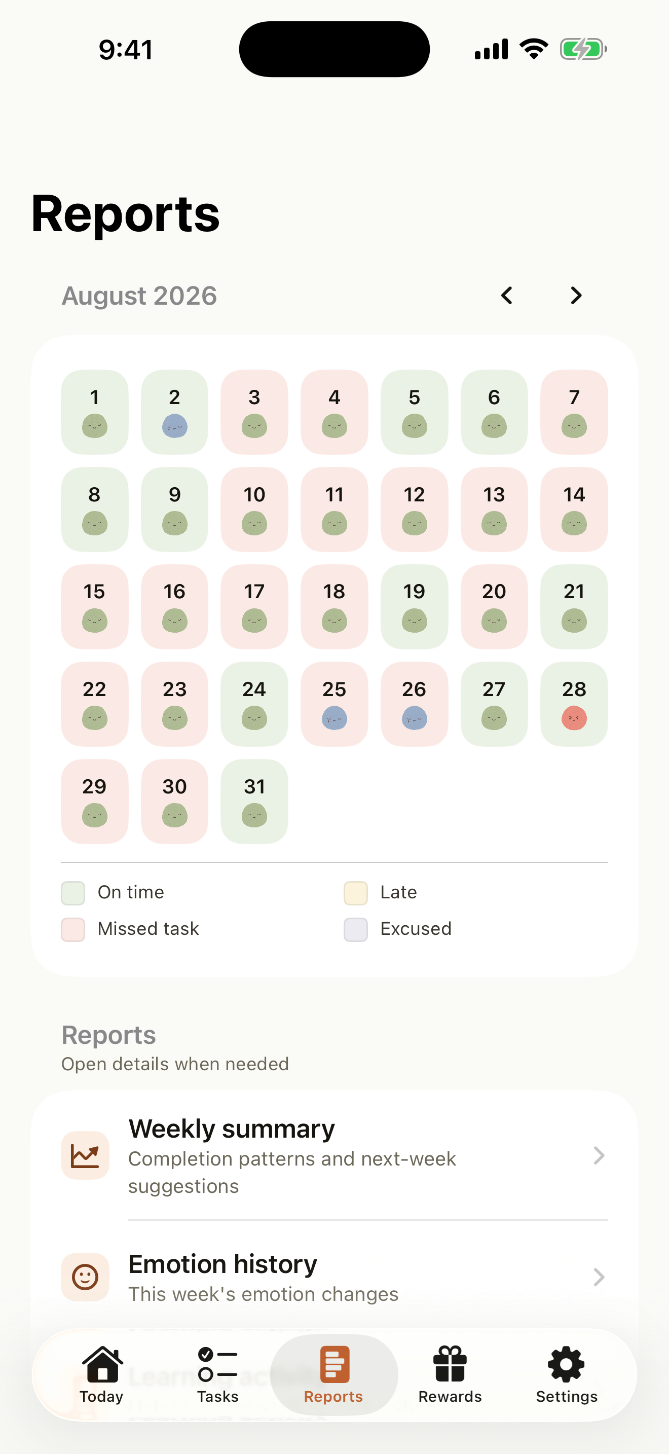 Habito in English: Hailey’s mood check-ins displayed on a monthly calendar