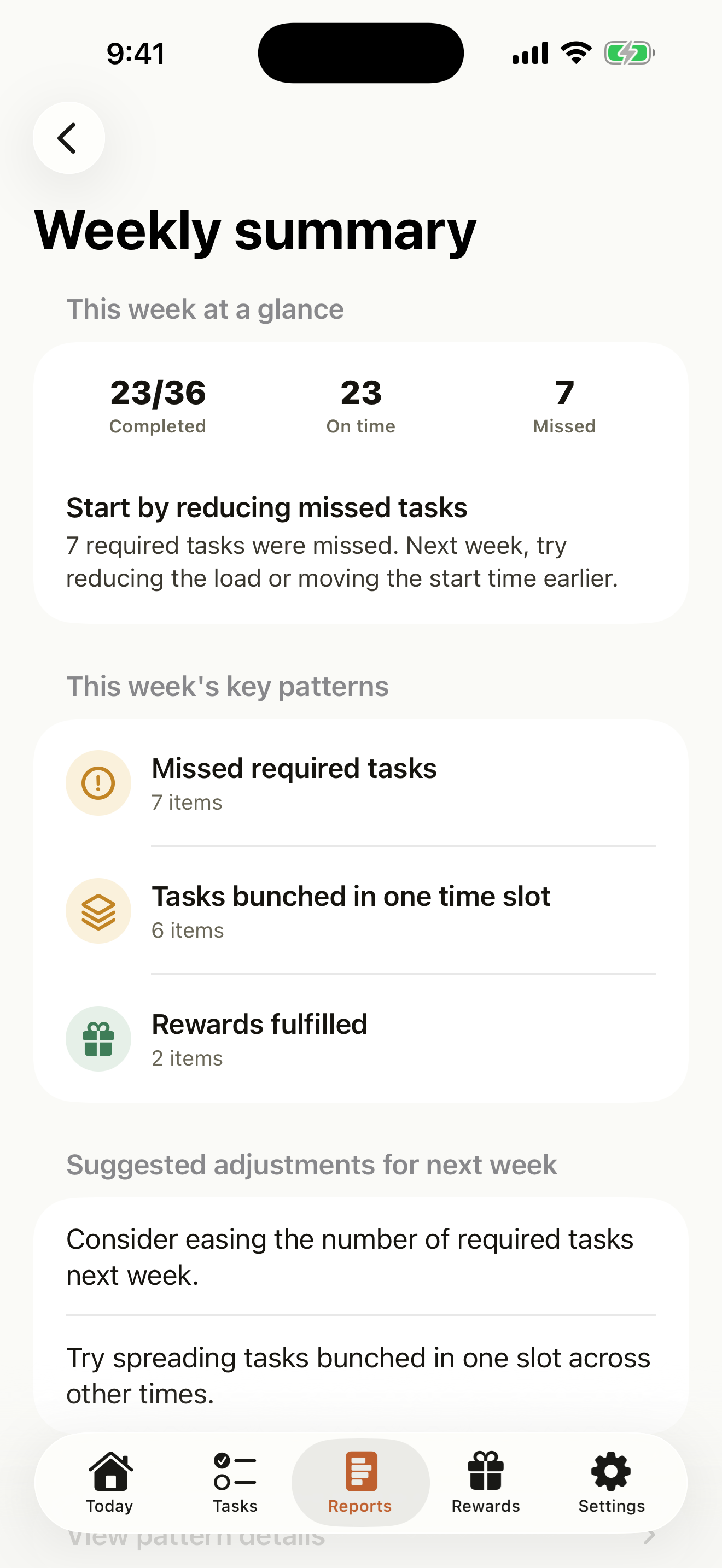 Habito in English: weekly task completion, on-time progress, and suggestions